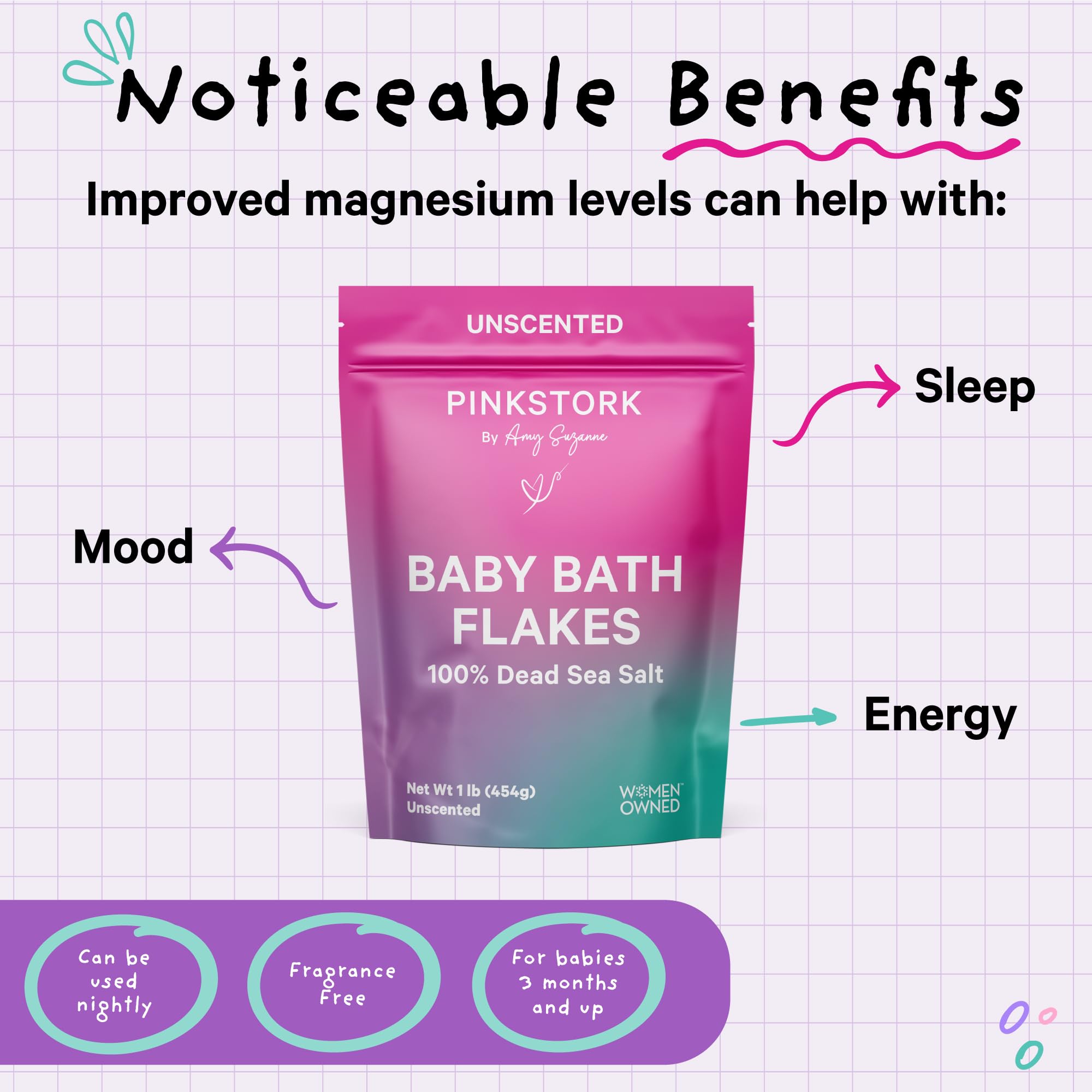 Pink Stork Baby Bath Flakes package-flatlay communicates fragrance-free, non-GMO care for infants