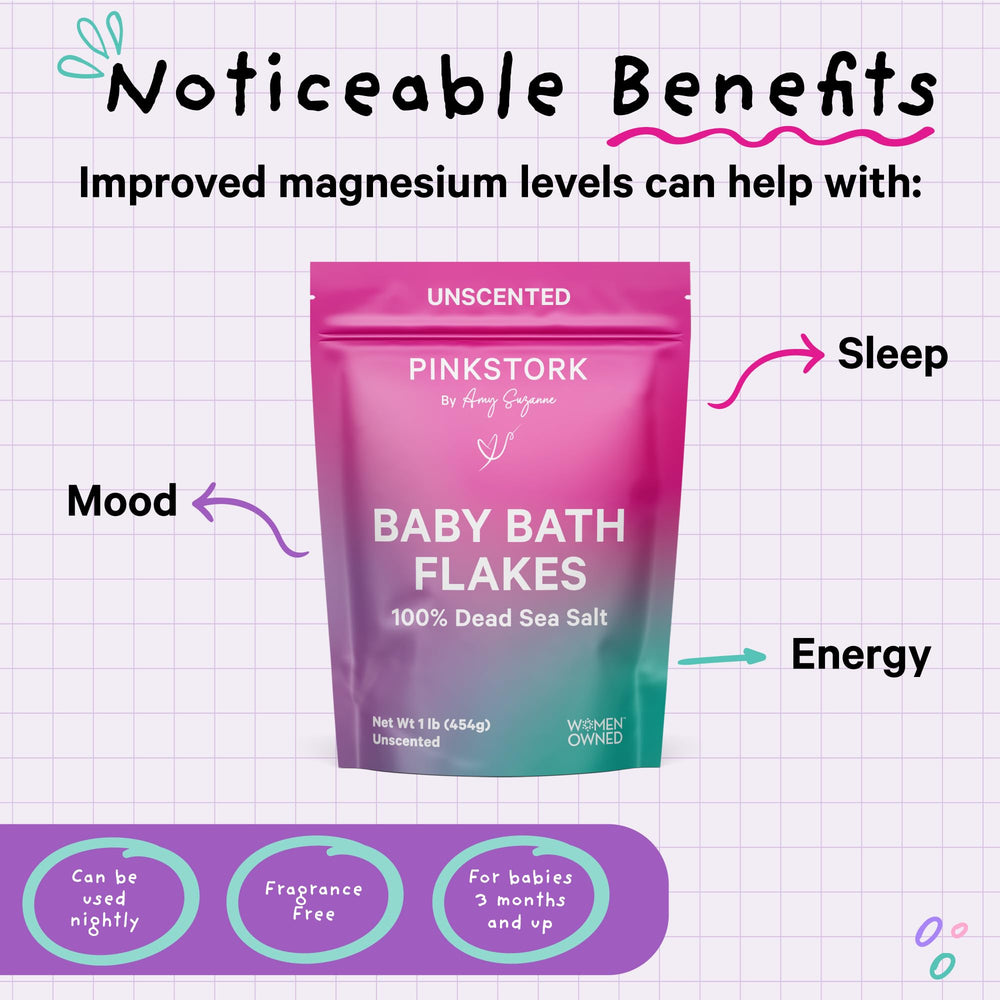 Pink Stork Baby Bath Flakes package-flatlay communicates fragrance-free, non-GMO care for infants