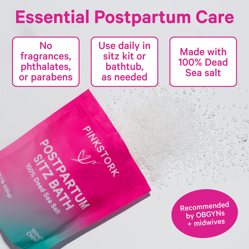 Pink Stork Dead Sea magnesium flakes close-up highlighting healing, magnesium-rich postpartum support.