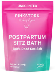 Pink Stork Postpartum Sitz Bath Soak bottle offers soothing perineal relief after labor.