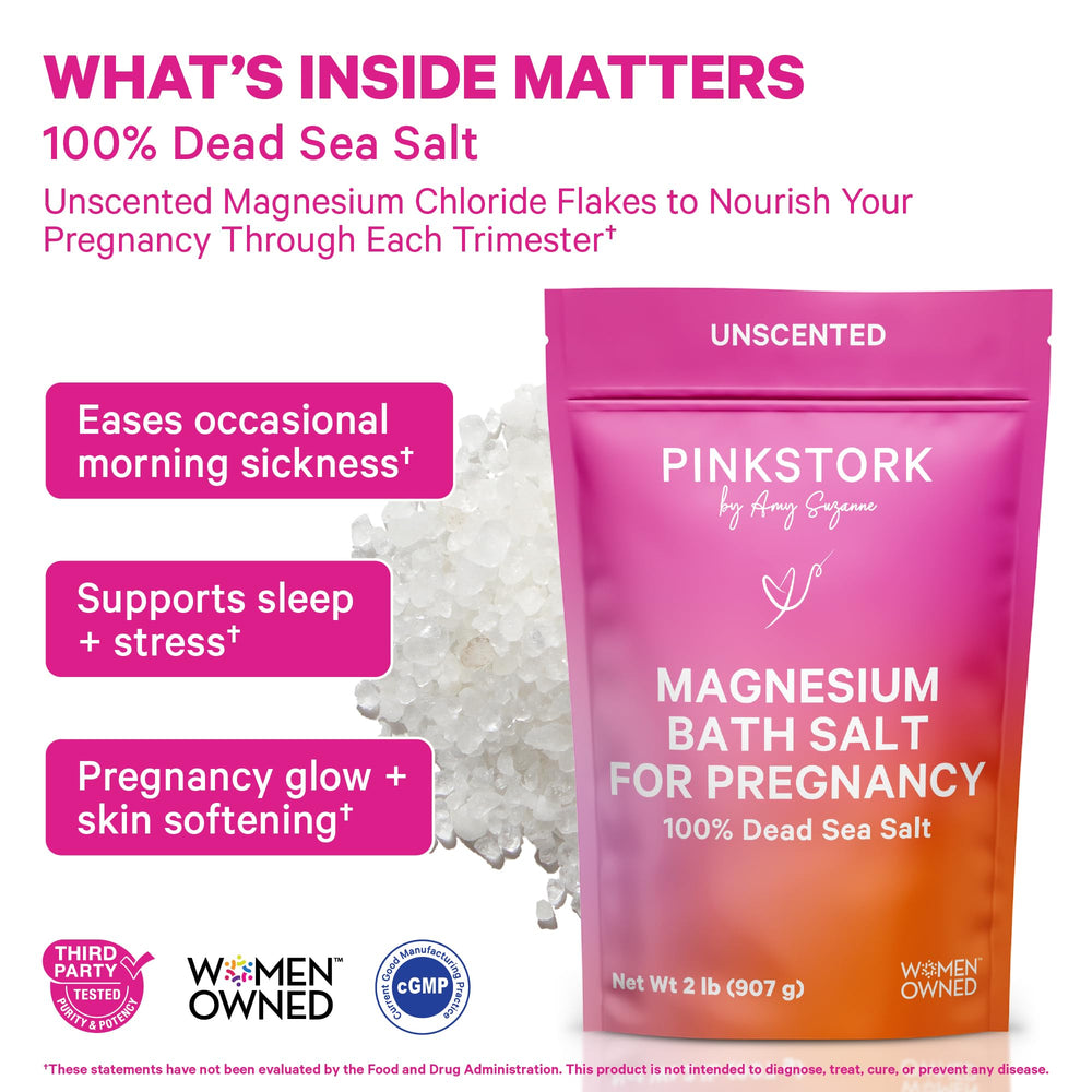 Pink Stork Pregnancy Bath Soak close-up highlights pure Dead Sea minerals for gentle self-care.