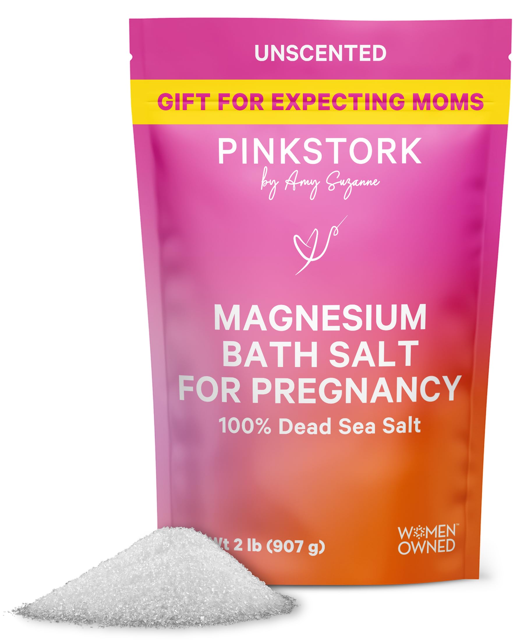 Pink Stork Pregnancy Bath Soak bottle demonstrates unscented mineral relief for pregnancy comfort.