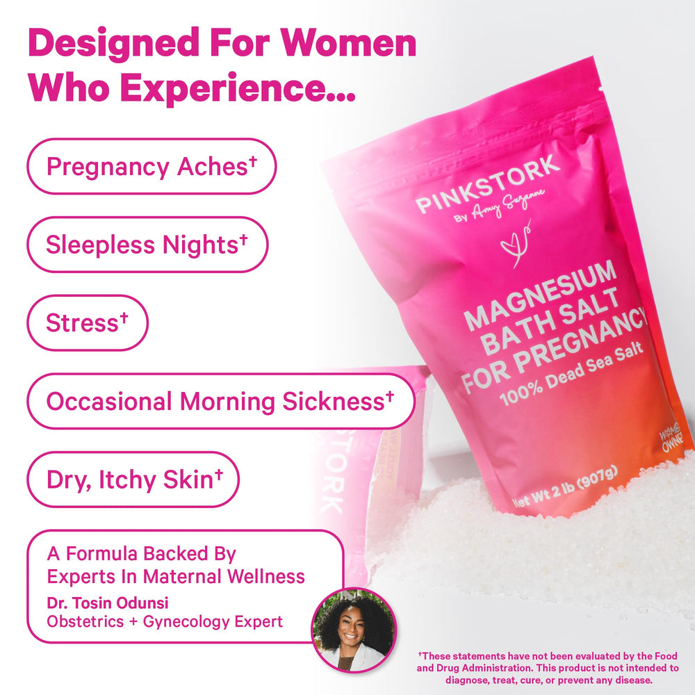 Pink Stork Pregnancy Bath Soak in warm bath scene suggests full-body relaxation.