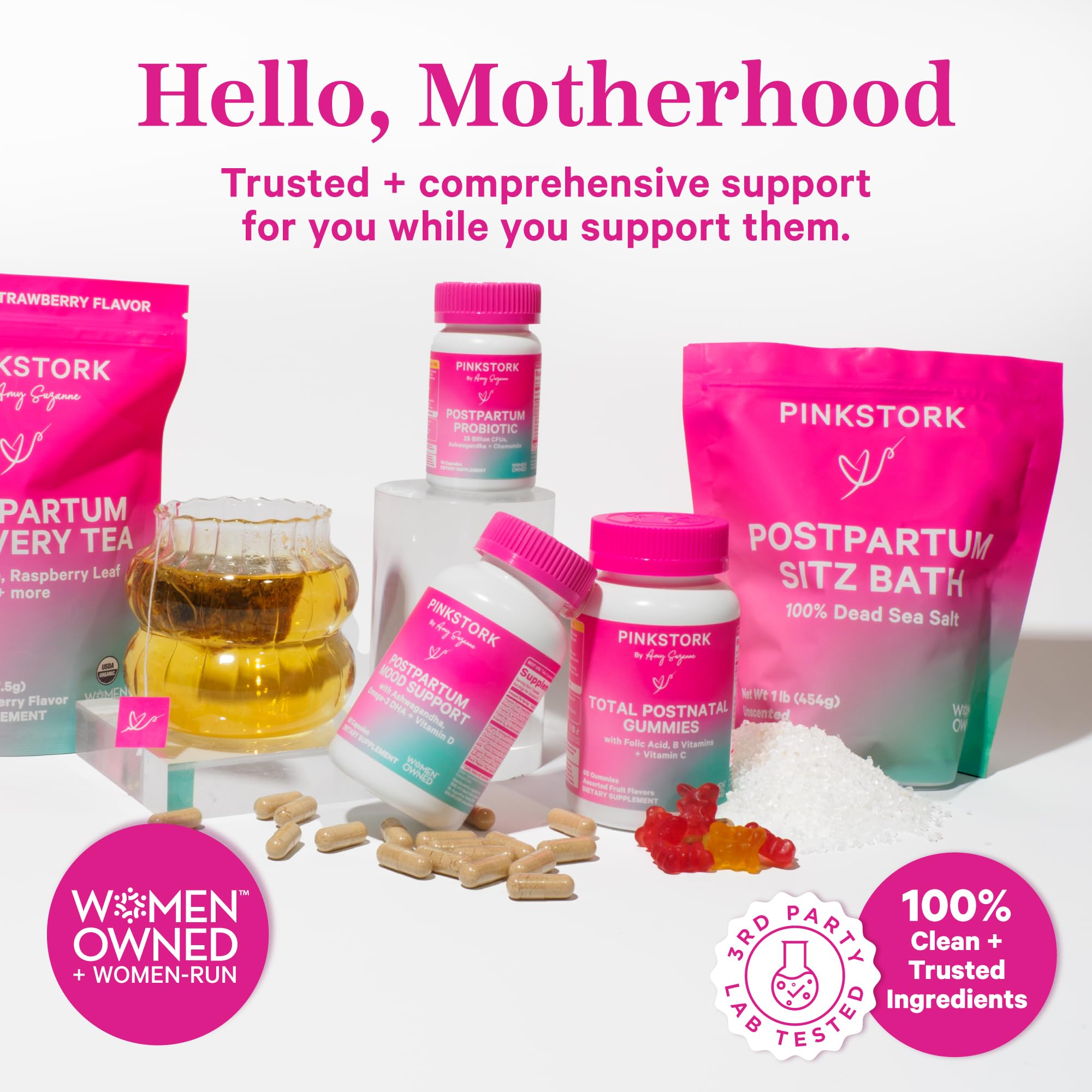Pink Stork women-owned brand ethos close-up signals expert-formulated maternity wellness.