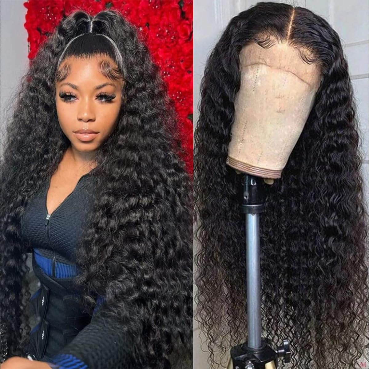 Pinketer Deep Wave Lace Front Wig front view shows natural part for versatile styling