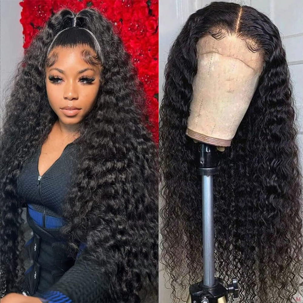 Pinketer Deep Wave Lace Front Wig front view shows natural part for versatile styling