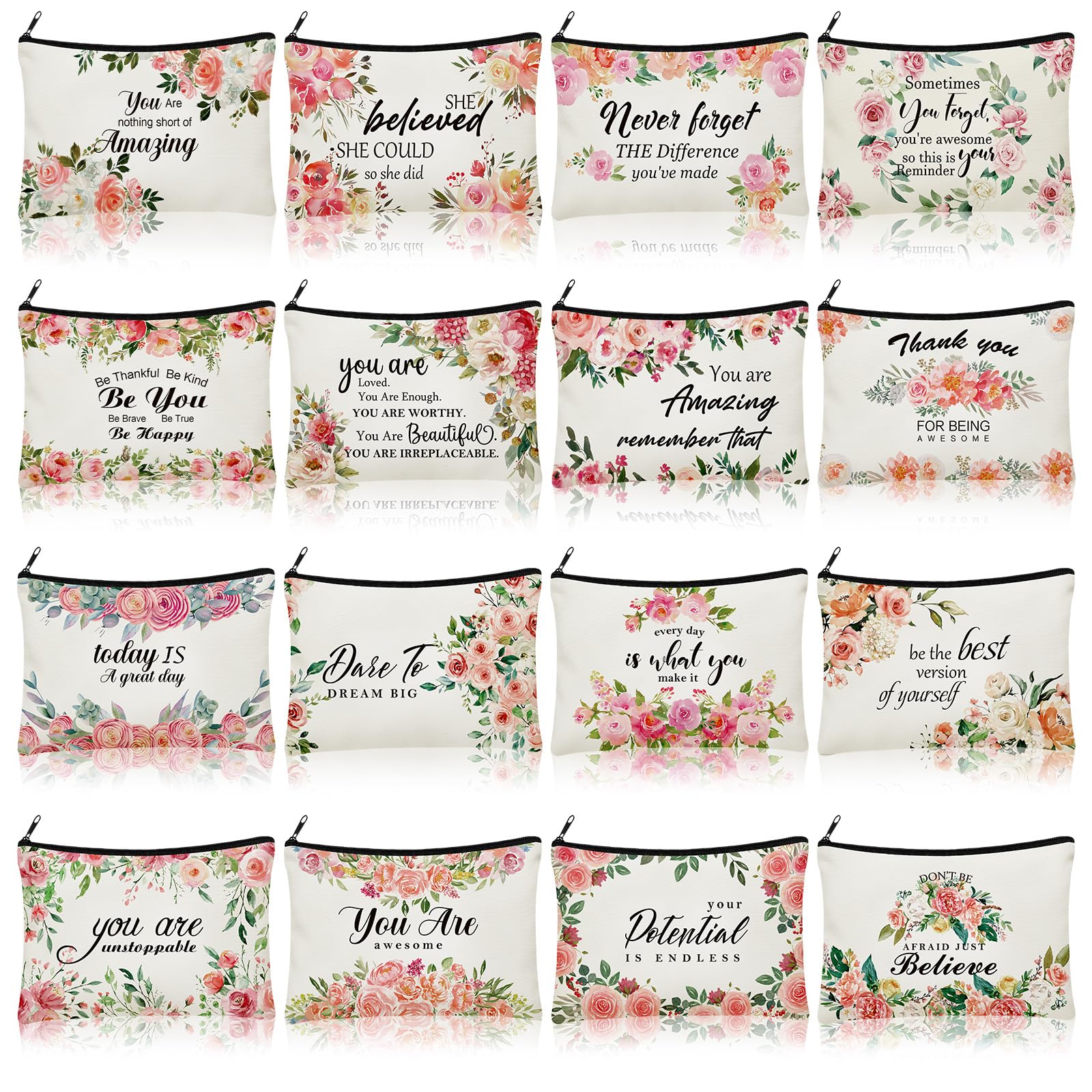 Pinkunn flower canvas makeup bag featuring inspirational words for daily motivation on the go.
