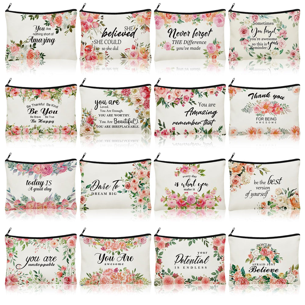 Pinkunn flower canvas makeup bag featuring inspirational words for daily motivation on the go.