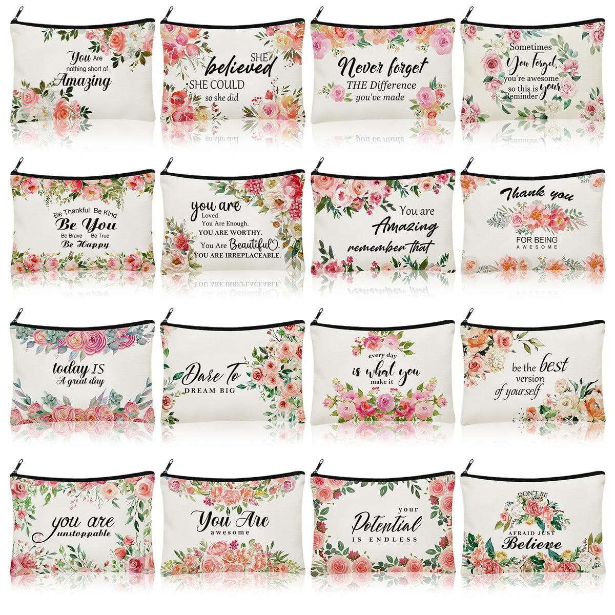 Pinkunn flower canvas makeup bag featuring inspirational words for daily motivation on the go.
