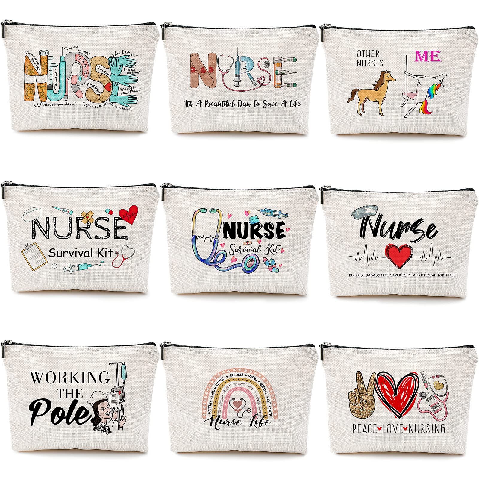 Pinkunn nurse makeup bag collection shows back view and colorful patterns for travel and gifting
