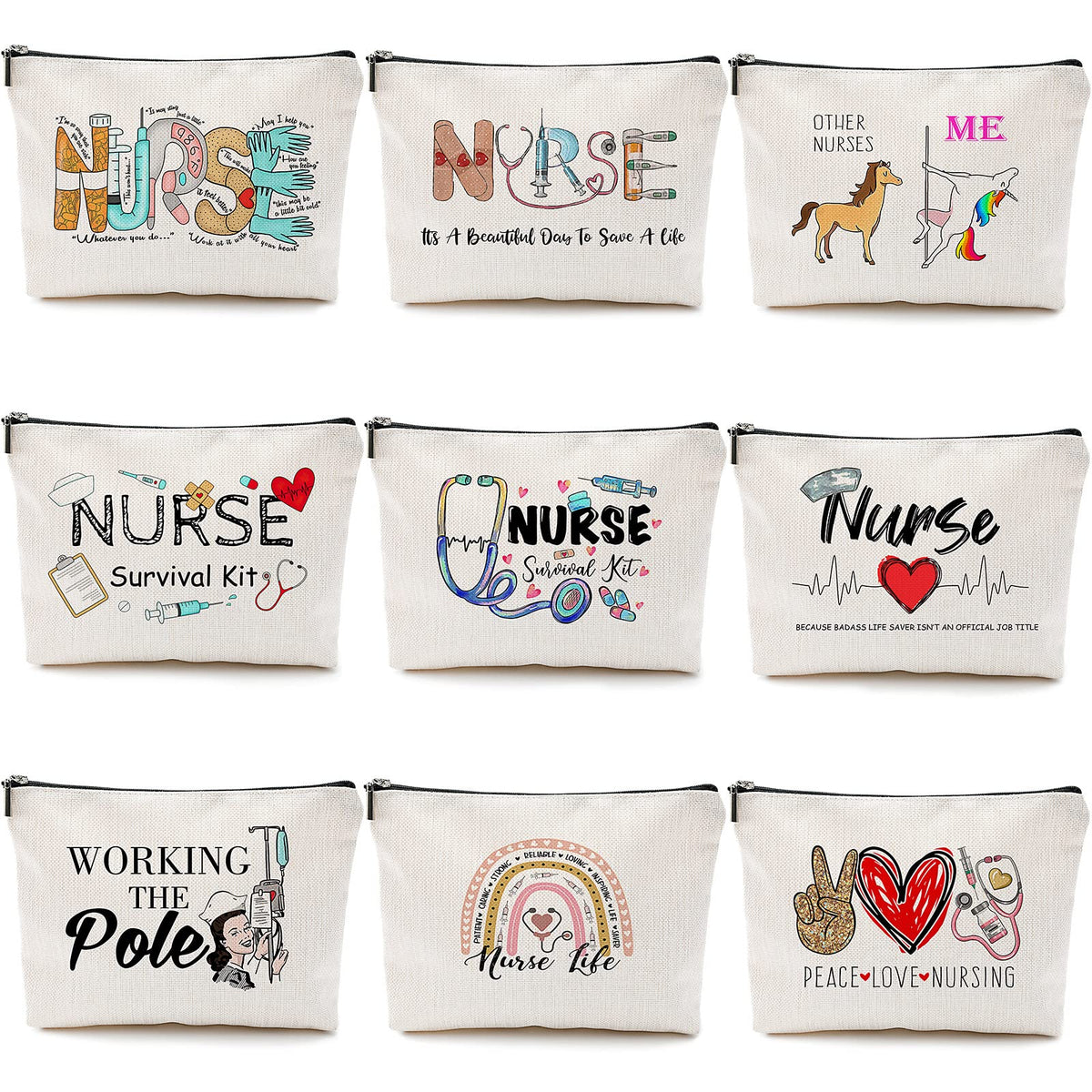 Pinkunn nurse makeup bag collection shows back view and colorful patterns for travel and gifting