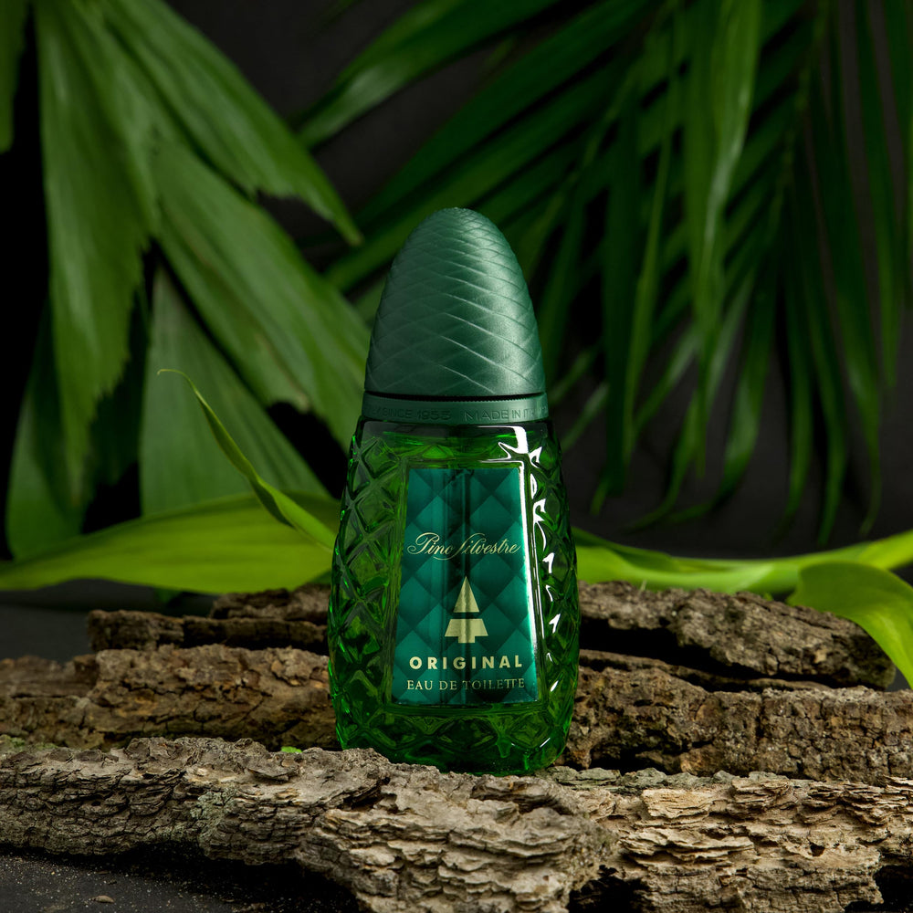 Pino Silvestre Original pine-cone bottle design evokes nature-inspired luxury.