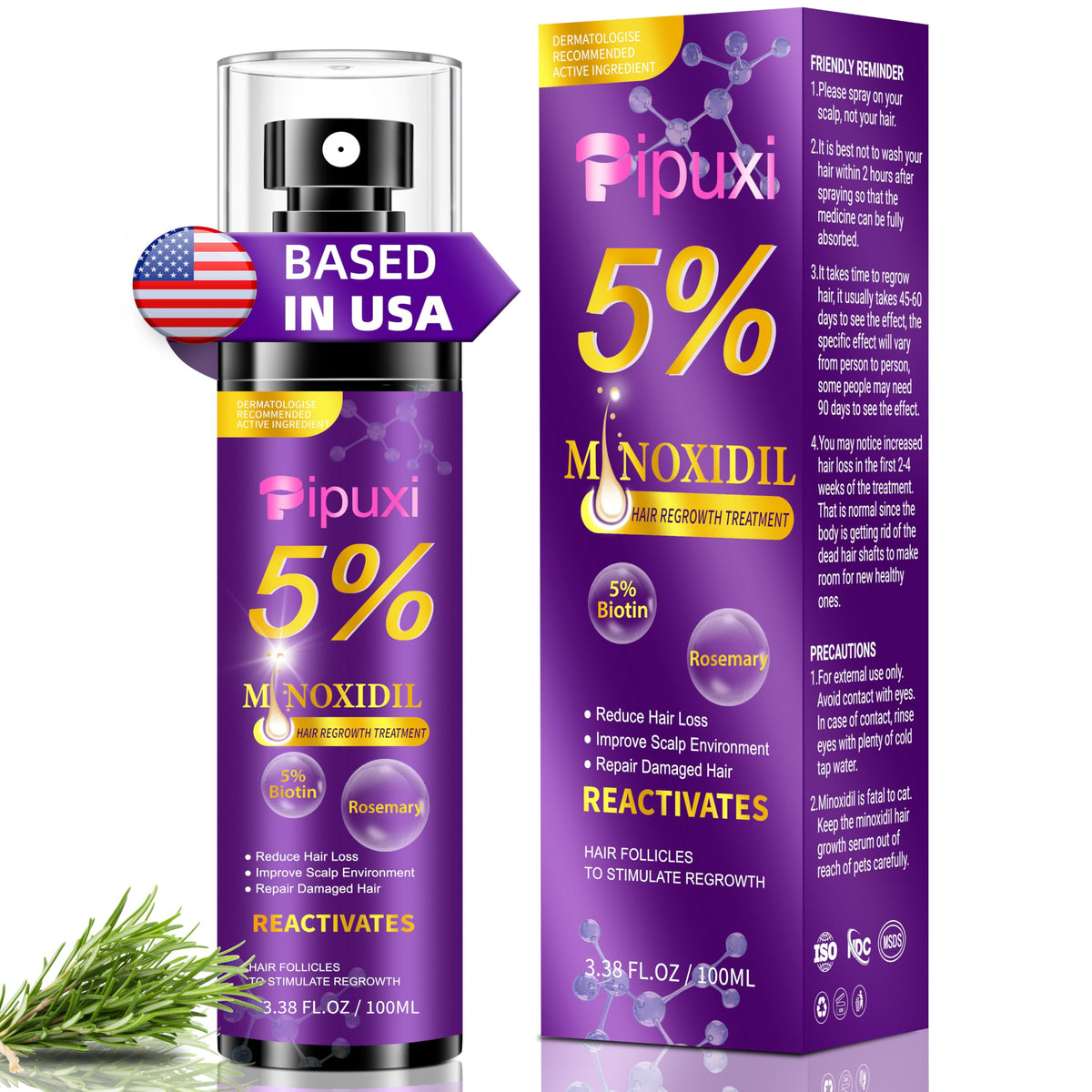 Pipuxi 5% minoxidil bottle showing dermatologist-recommended hair regrowth formula