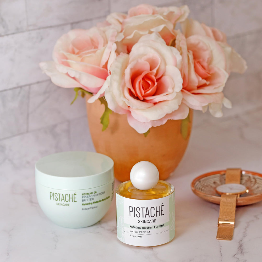 Pistaché Skincare perfume bottle on vanity shelf for all-day wear and appeal.