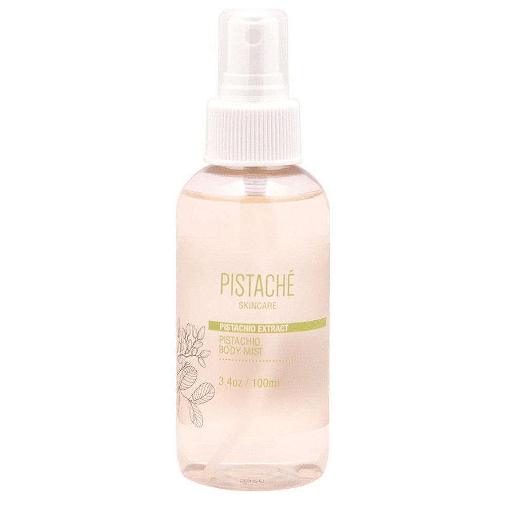 Pistache Skincare Pistachio Oil Body Mist bottle releasing sweet biscotti aroma for daily refresh.