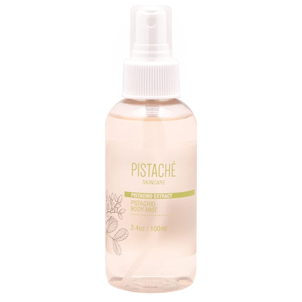 Pistache Skincare Pistachio Oil Body Mist bottle releasing sweet biscotti aroma for daily refresh.