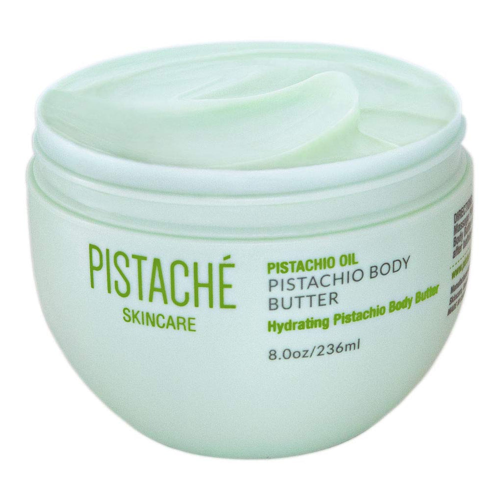 Pistaché Skincare pistachio oil whipped body butter vitamin E imagery emphasizes nourishing skin