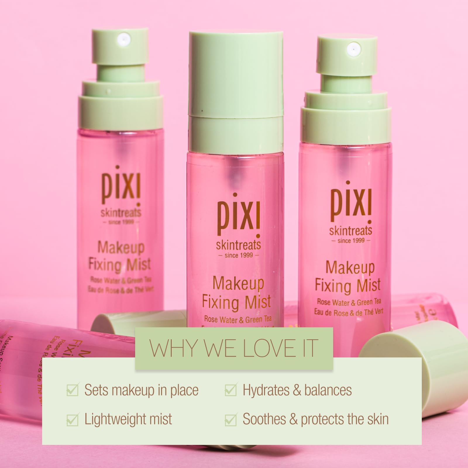 Pixi Beauty makeup fixing mist cruelty-free label signals ethical skincare choice.