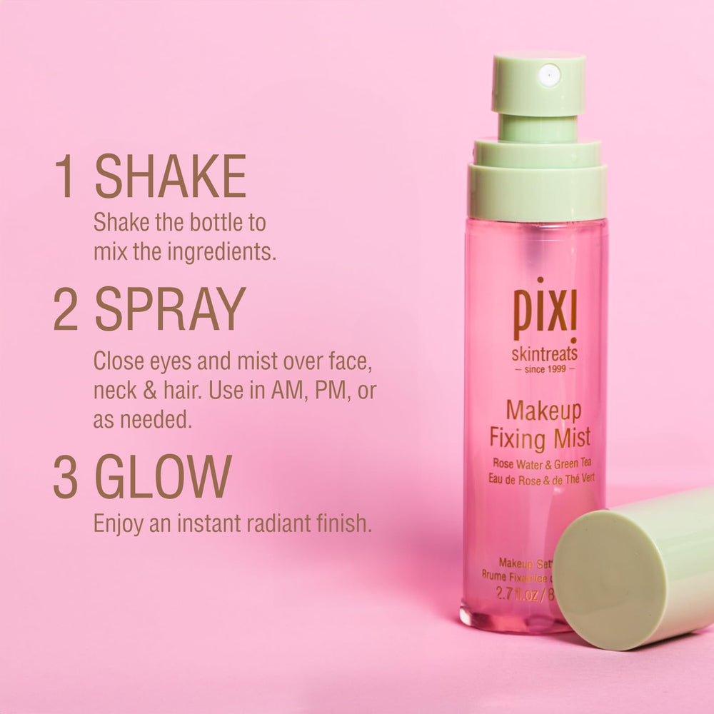 Pixi Beauty green tea antioxidant mist emphasizes refreshing, protective skin feel.