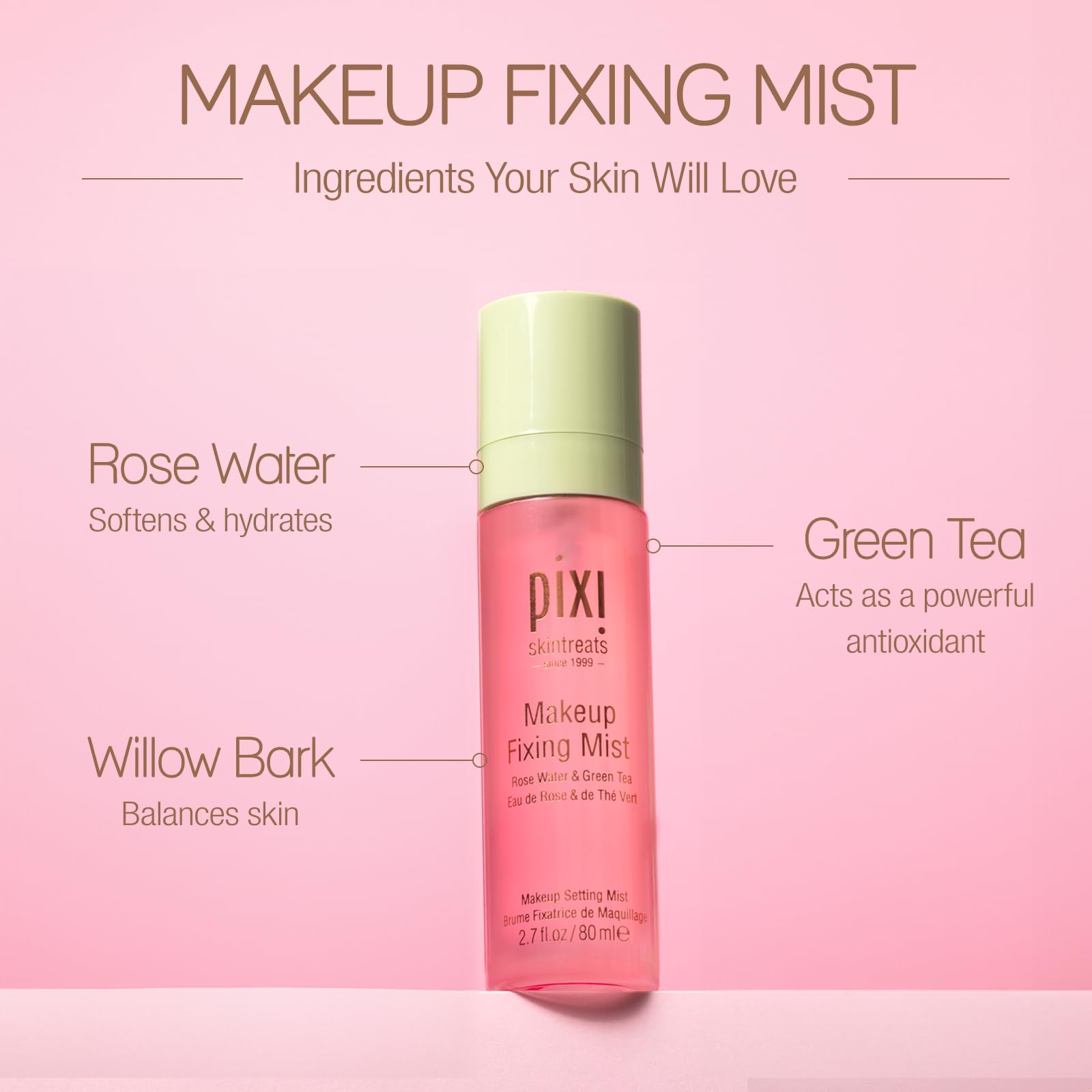 Pixi Beauty rose-water infused mist highlights soothing hydration during makeup.