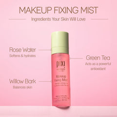 Pixi Beauty rose-water infused mist highlights soothing hydration during makeup.