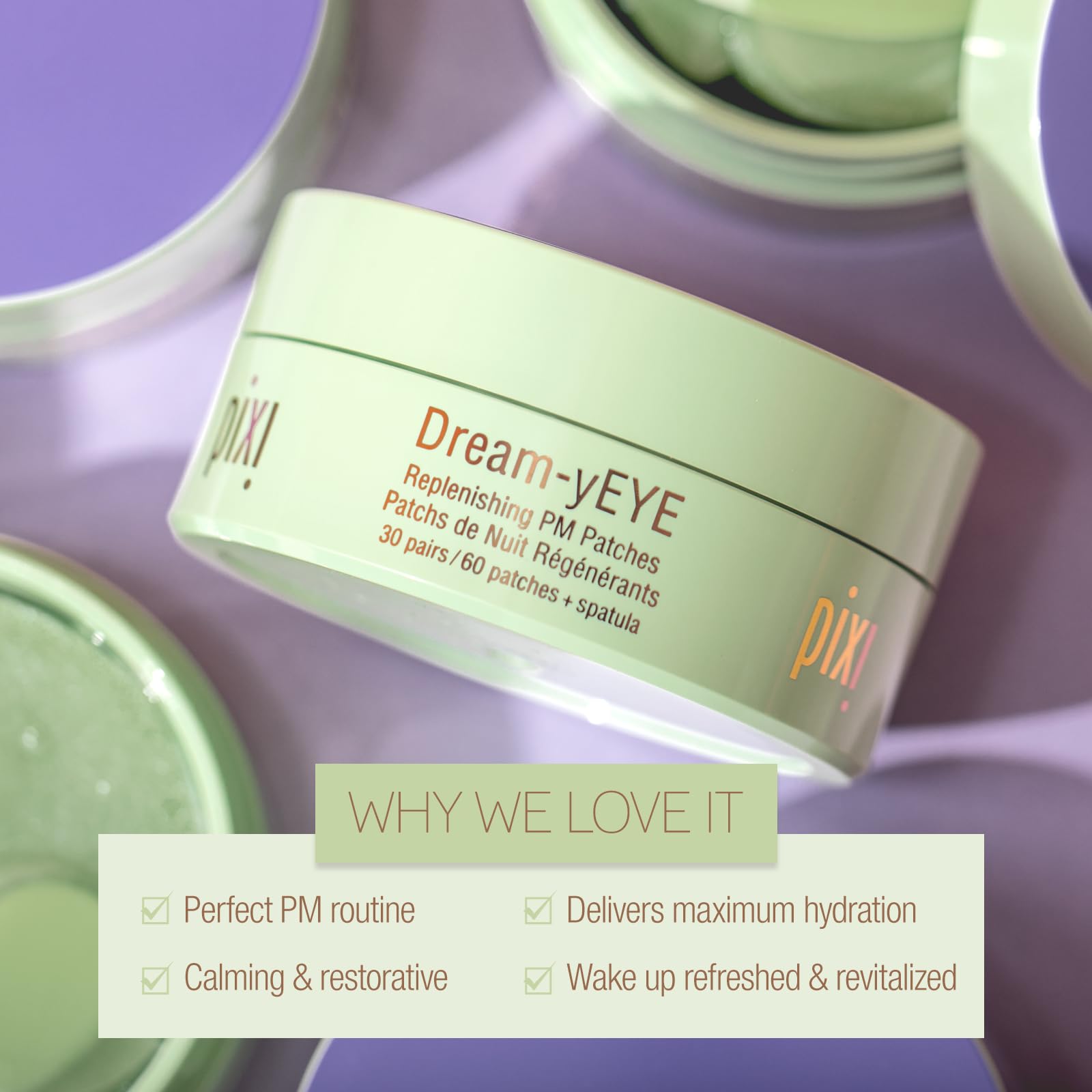 Pixi Dream-yEYE patches applied under-eye to hydrate and smooth skin.