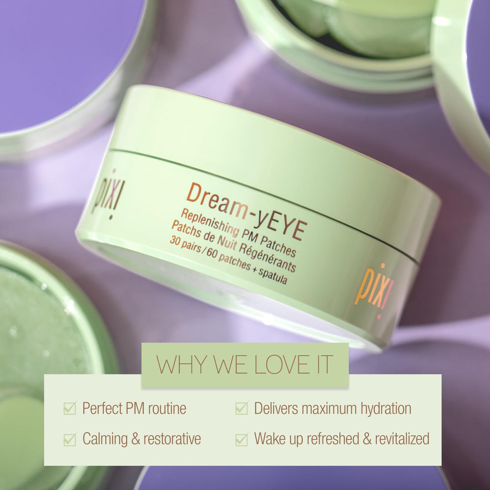 Pixi Dream-yEYE patches applied under-eye to hydrate and smooth skin.
