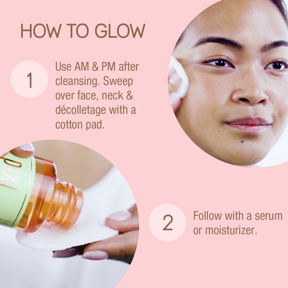 Pixi Glow Tonic on the face for a refreshed morning routine.