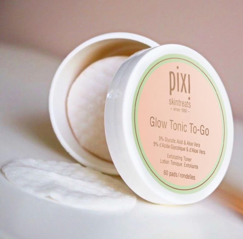 Pixi Glow Tonic to-Go bottle label close-up showing alcohol-free formula.