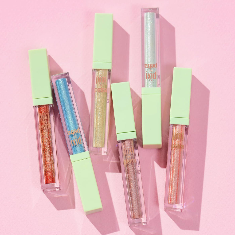Pixi Liquid Fairy Lights Crystalline on lid delivers vivid sparkle for versatile layering.