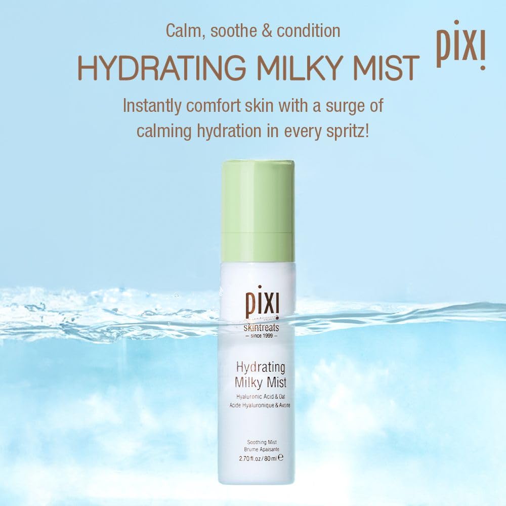 Pixi Milky Mist spritz on the face for instant refreshment.