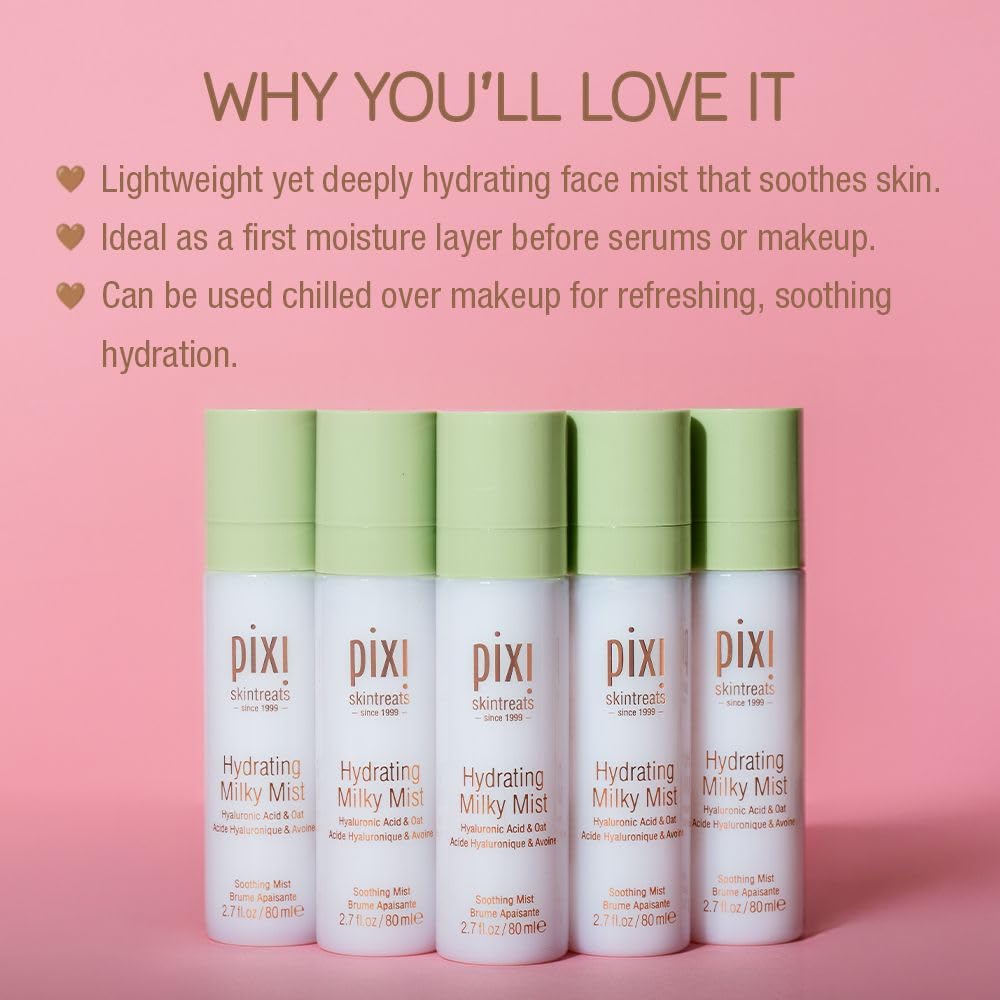 Close-up of Pixi Milky Mist releasing Hyaluronic Acid hydration.