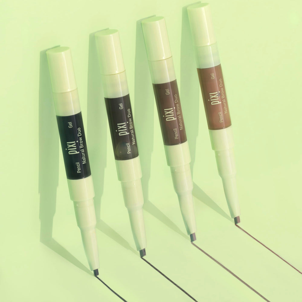 Pixi Natural Brow Duo Deep Brunette gel swatch showing long-lasting tinted hold for brows.