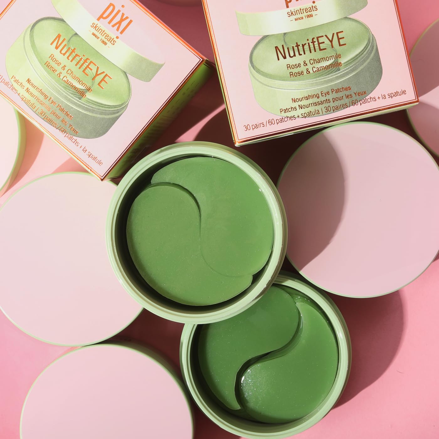 Applying Pixi NutrifEYE patches to clean, dry under-eye skin demonstrates easy use.
