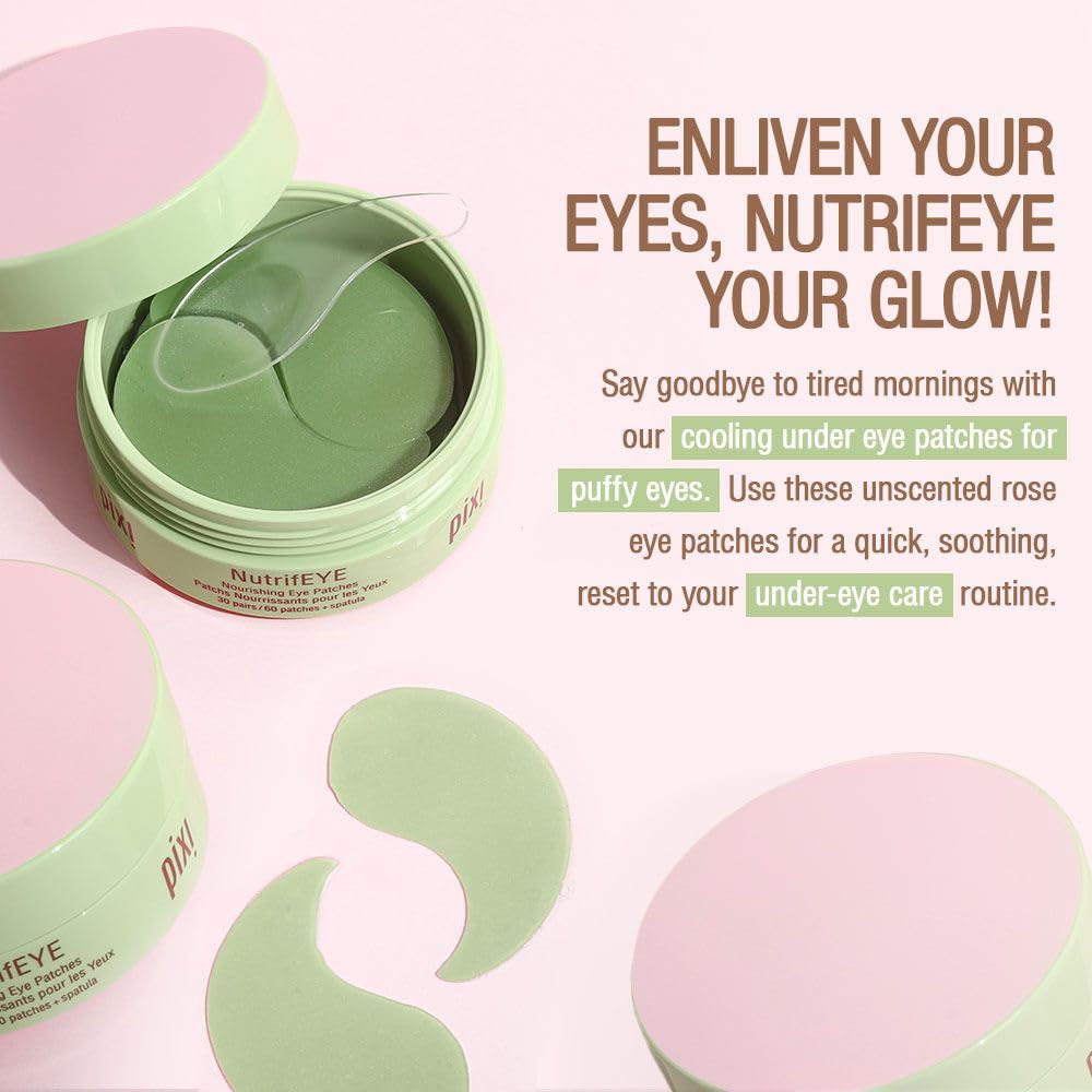 Pixi NutrifEYE rose under-eye patches with spatula enabling gentle, mess-free depuffing.