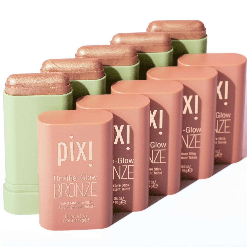 Pixi On-the-Glow Bronze packaging display highlighting fruit extracts and glow.