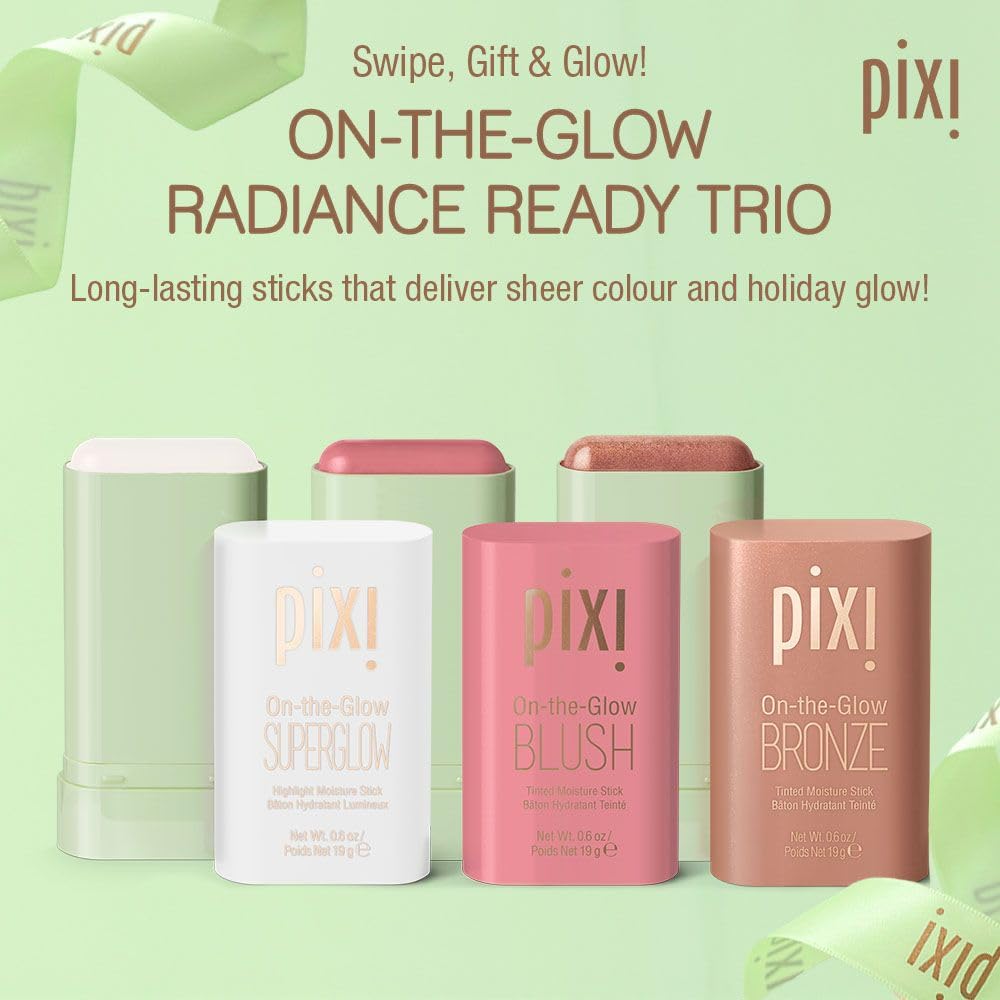 Pixi On-the-Glow Trio SoftGlow Bronze swatch delivers warm bronze glow for sun-kissed cheeks.
