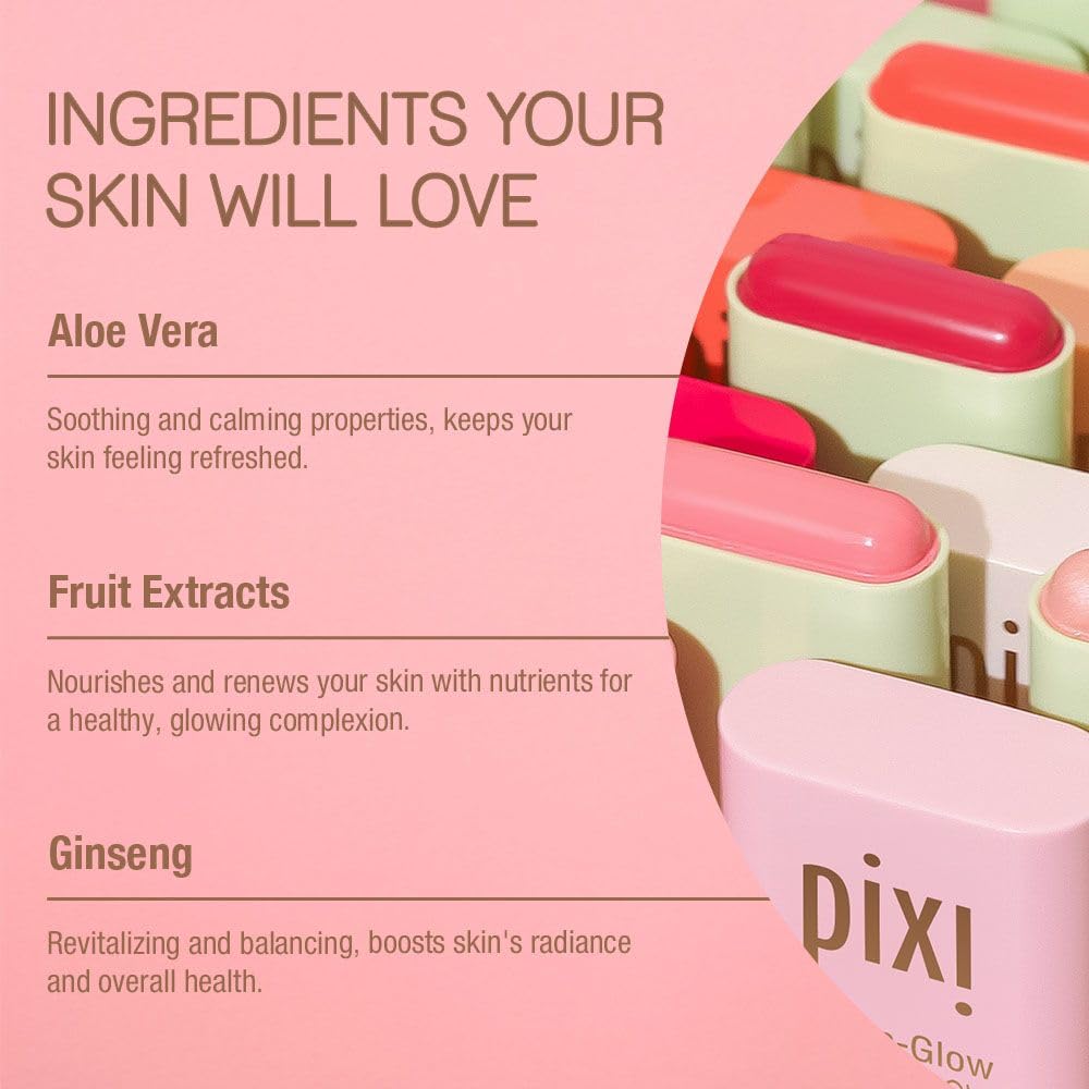 Pixi On-the-Glow Trio Fleur swatch shows hydrating pink tint for healthy-looking flush.