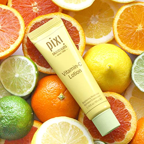 Pixi Vitamin-C Lotion packaging shown with bright, sleek design for nourishing moisture.