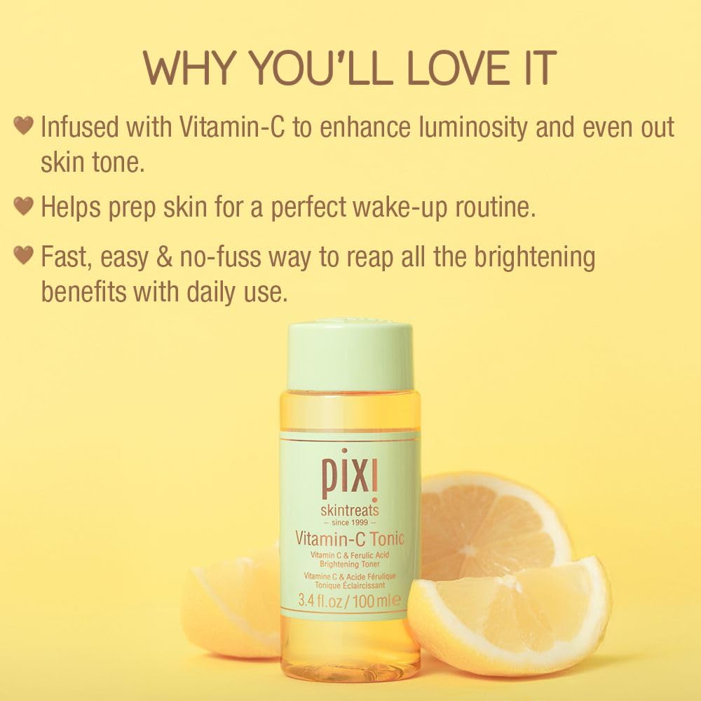 Pixi Vitamin-C Tonic cotton-pad application shows gentle toning for sensitive skin.