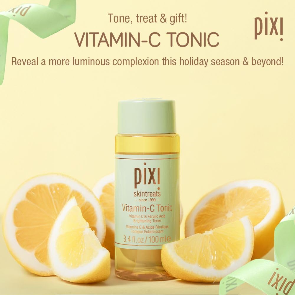 Pixi Vitamin-C Tonic on a bathroom shelf suggests daily prep for luminous skin.