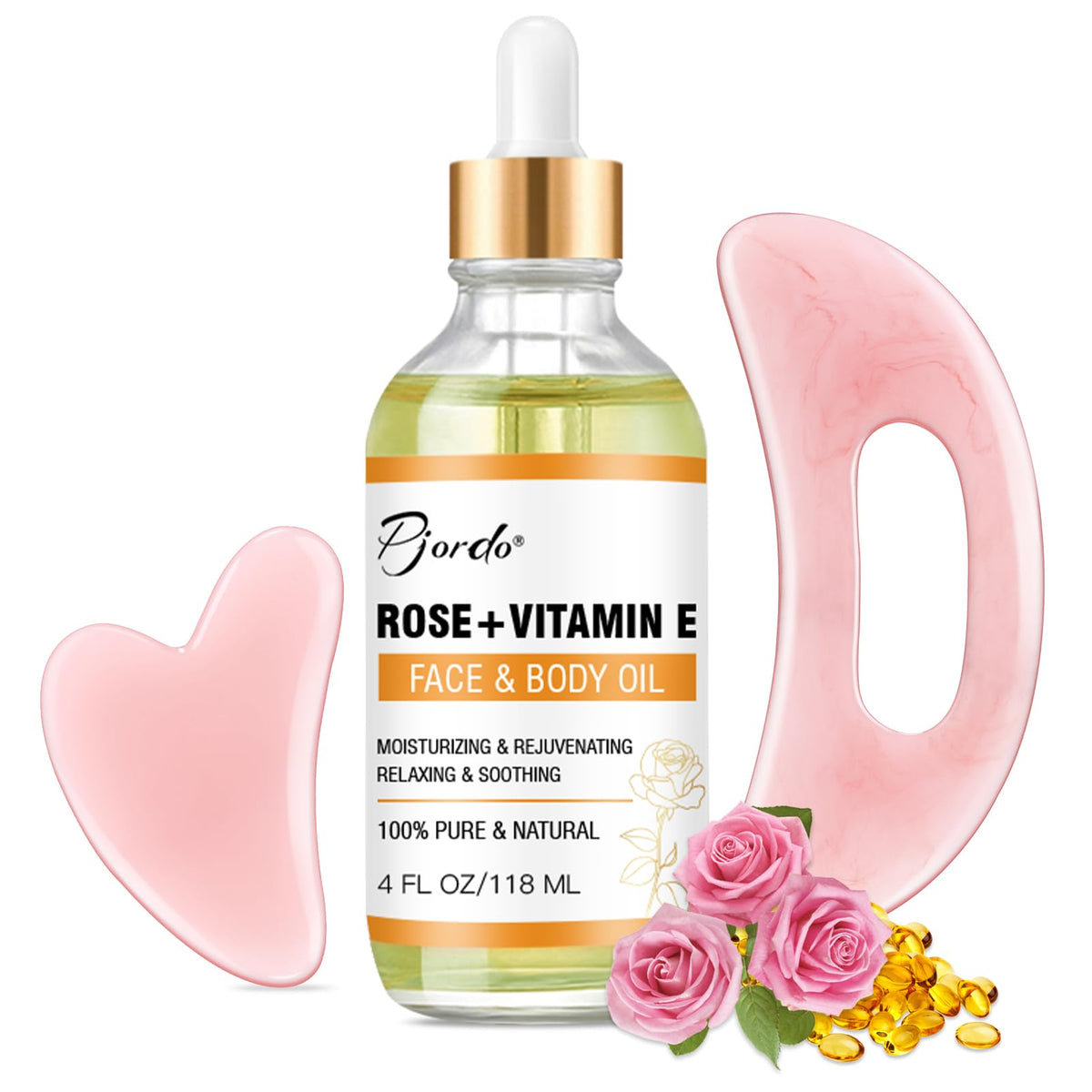 Pjordo vitamin E rose oil bottle for daily moisturizing.