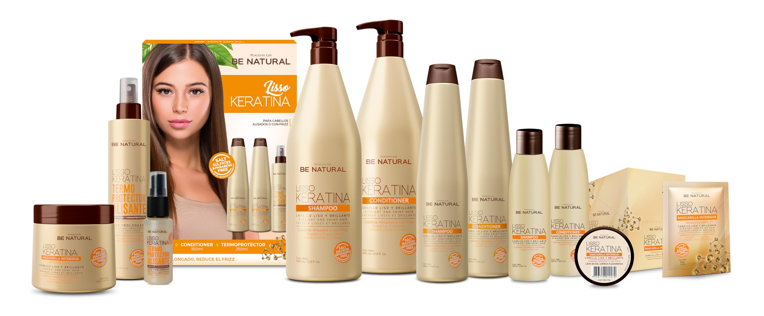 PLACENTA LIFE Be Natural Liso Keratina packaging close-up emphasizes sulfate-free formula
