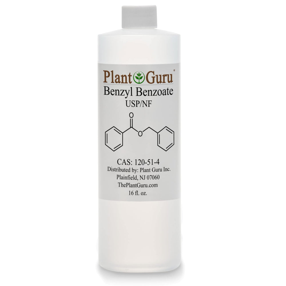 Plant Guru Benzyl Benzoate bottle close-up for fragrance formulation.