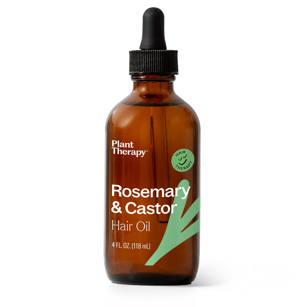 Plant Therapy rosemary-castor-oil-bottle promotes plant-based hair care for growth and healthy scalp.