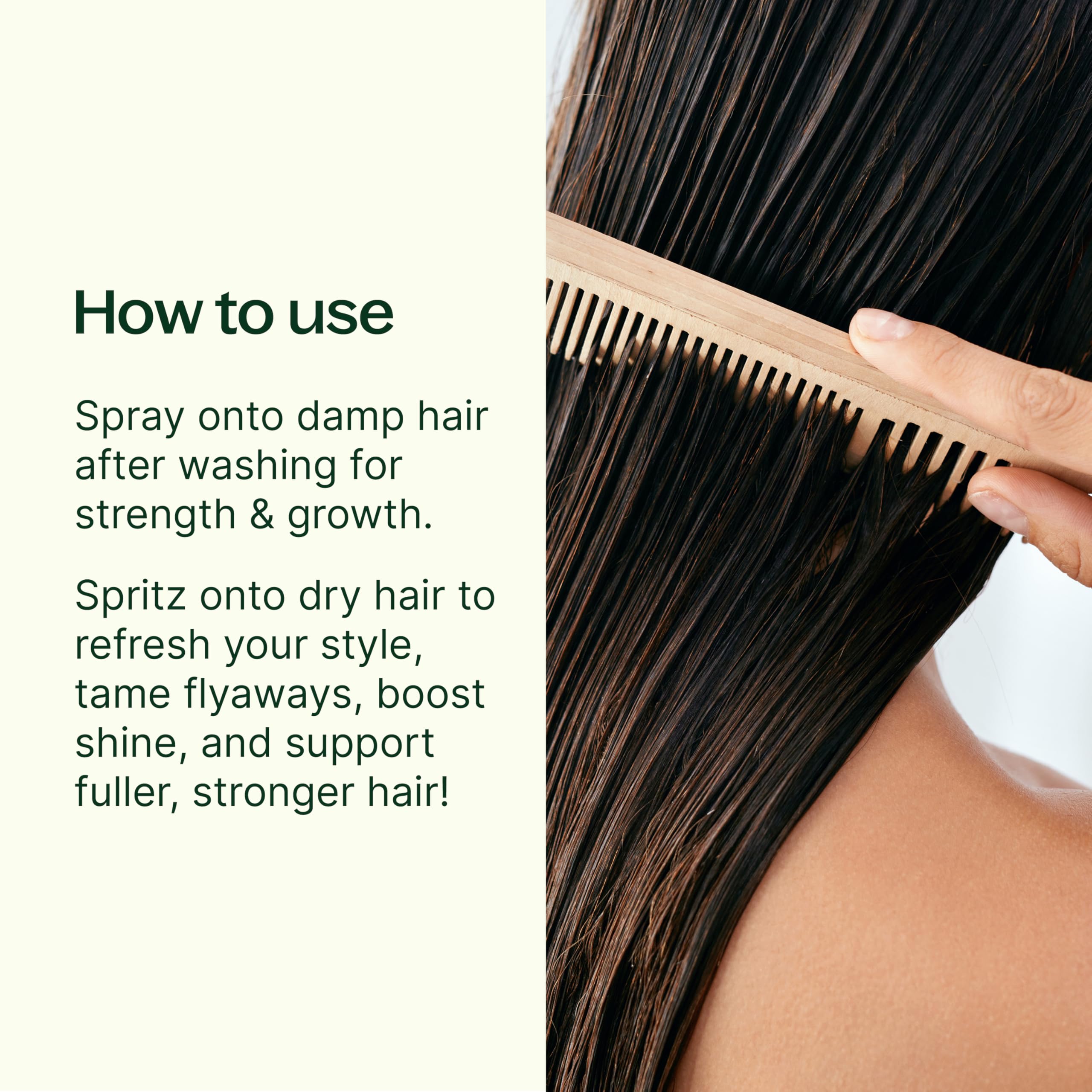 Plant Therapy spray misting action shows easy application for refreshed, volumized hair.