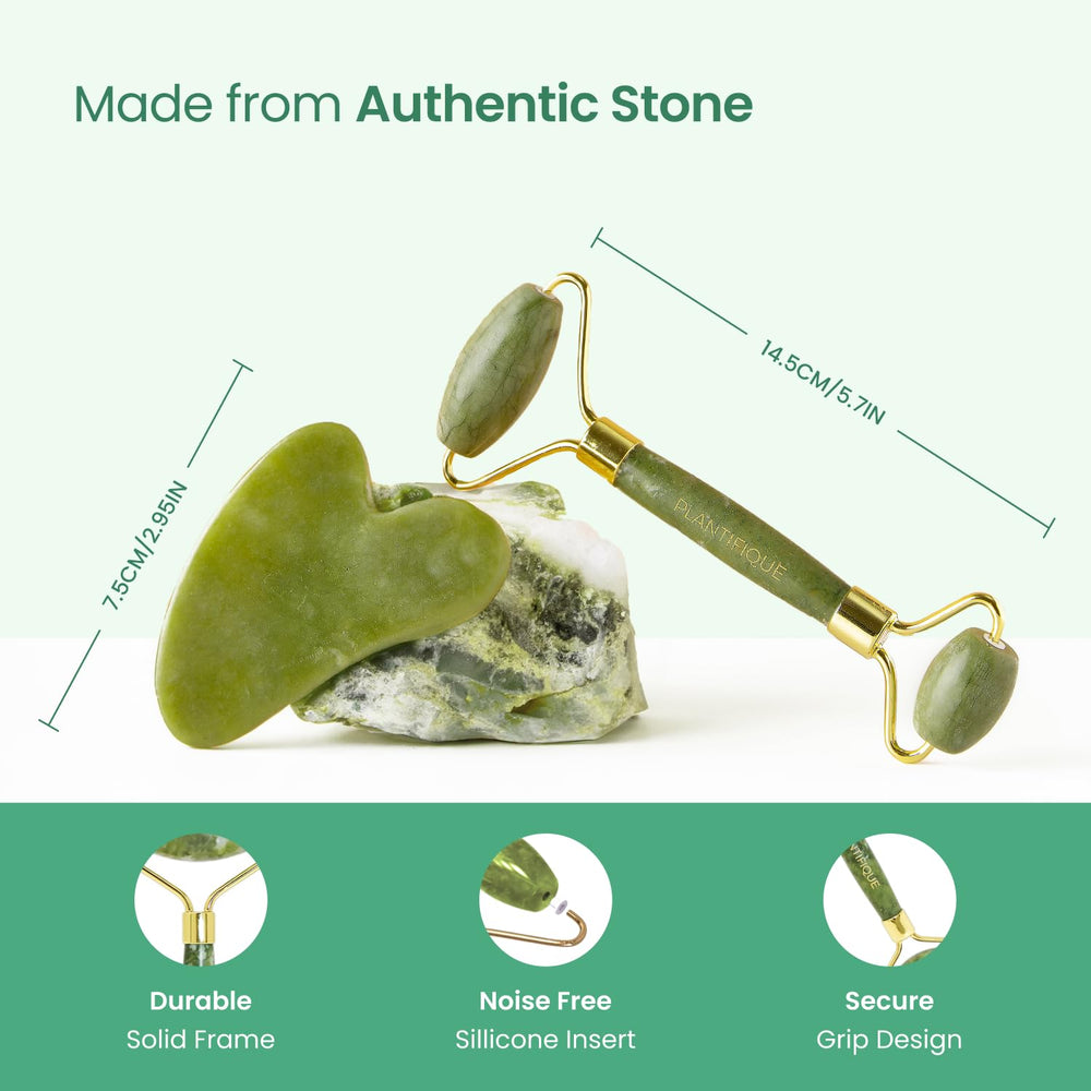 Plantifique authentic jade stones close-up emphasizing balance and energy-inspired skincare rituals.