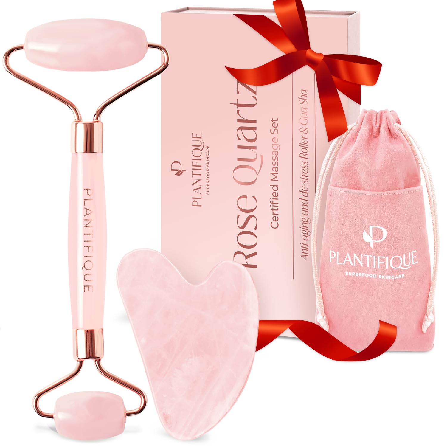 Plantifique rose quartz face roller close-up for enhanced glow with serums.