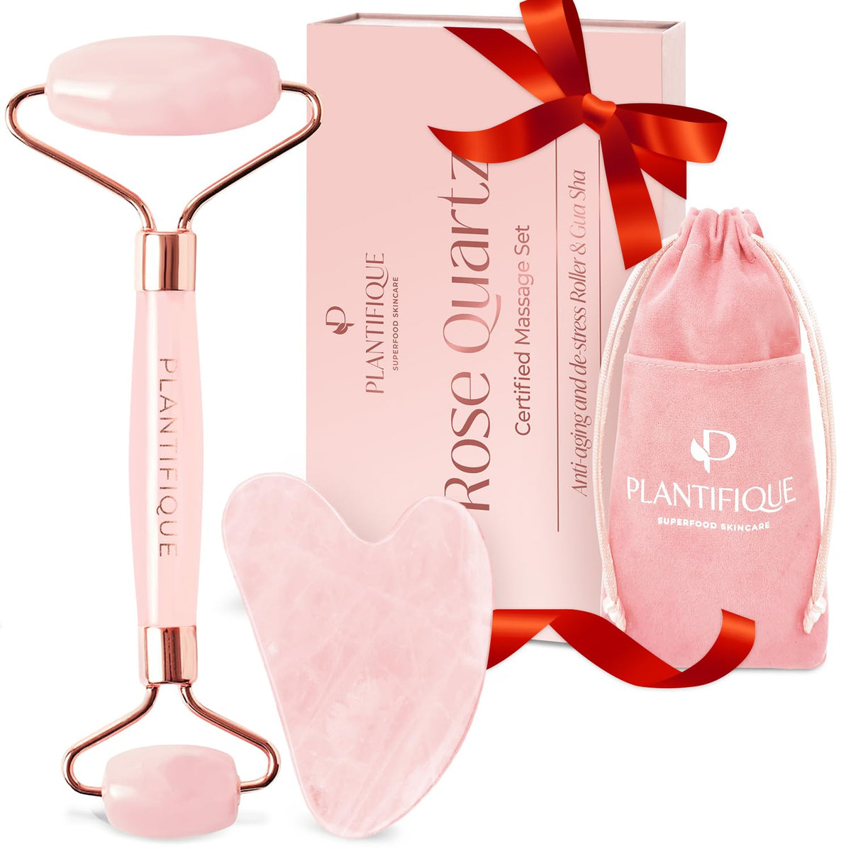 Plantifique rose quartz face roller close-up for enhanced glow with serums.