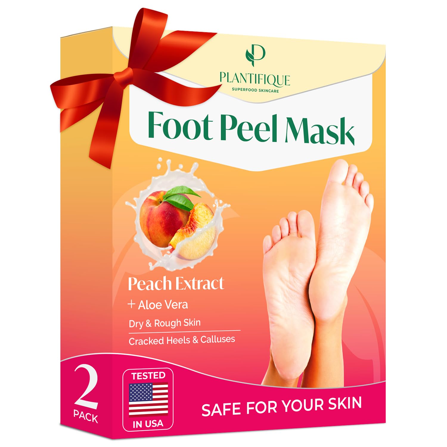 PLANTIFIQUE Foot Peeling Mask 2 Pack front view shows peach-scented exfoliation for smoother feet.